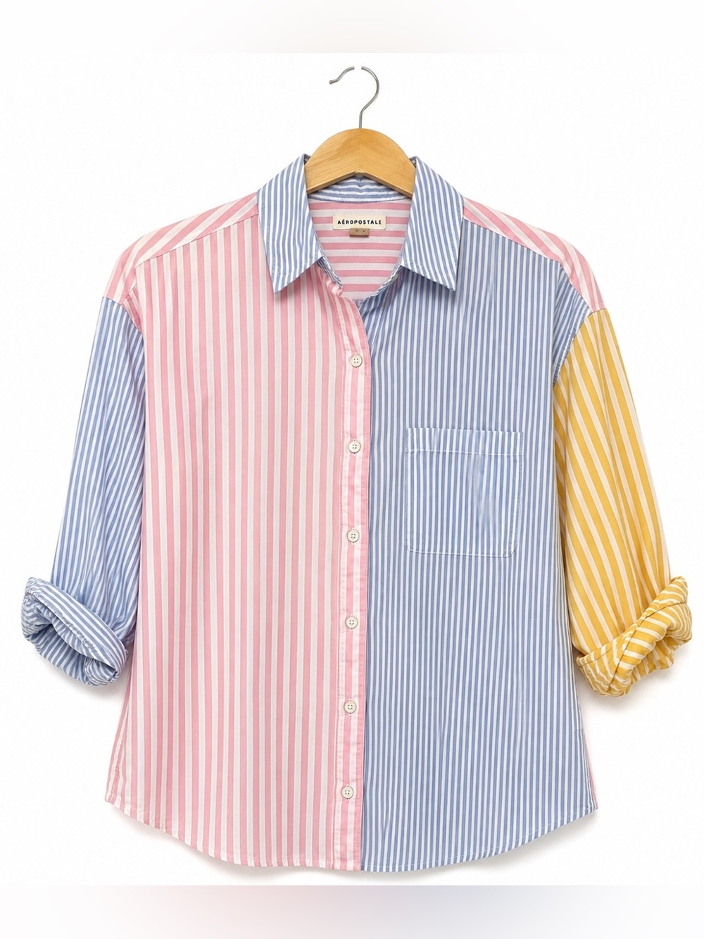 Aeropostale XS Colorblock Striped Button Down Shirt Pastel Boyfriend Preppy Top